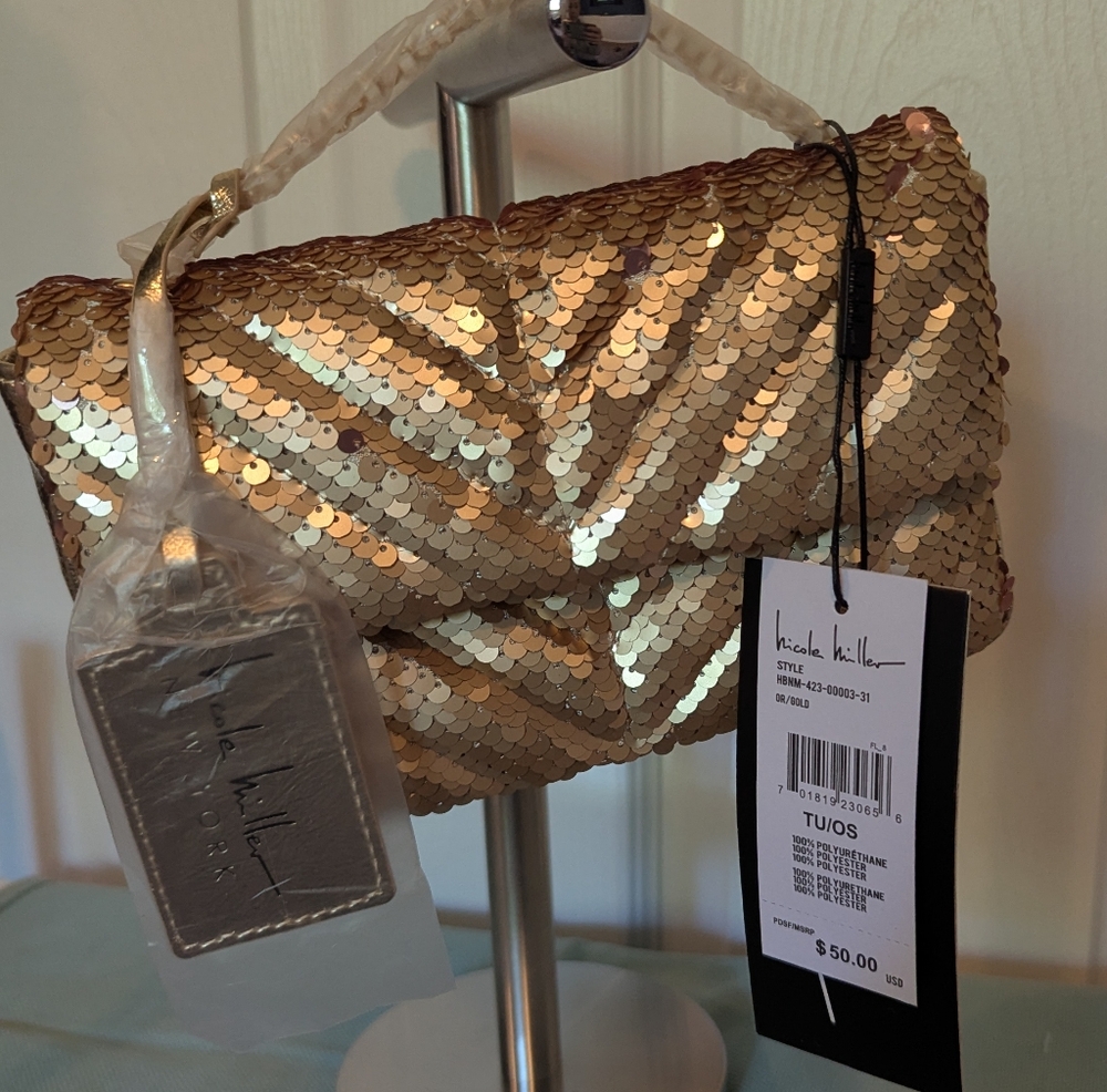 NWT Nicole Miller Gold/Rose Gold Sequin Crossbody Bag